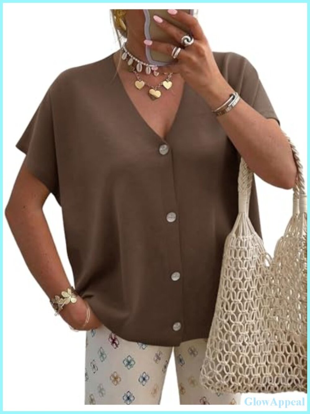 Oversized Short Sleeve V-Neck Button Cardigan Lightweight Knit